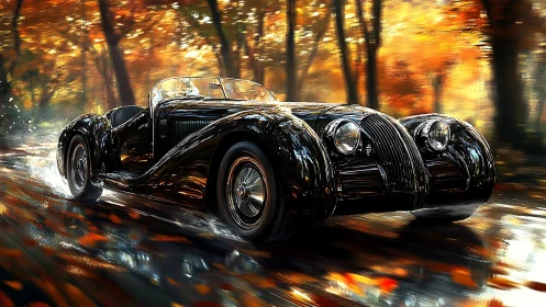 Black vintage roadster drives through wet autumn forest road