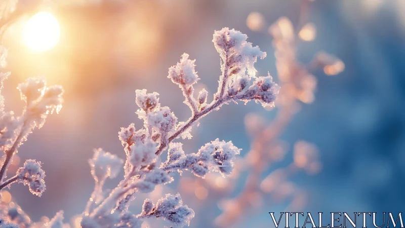 Winter sunlight glows through frost-covered branches softly