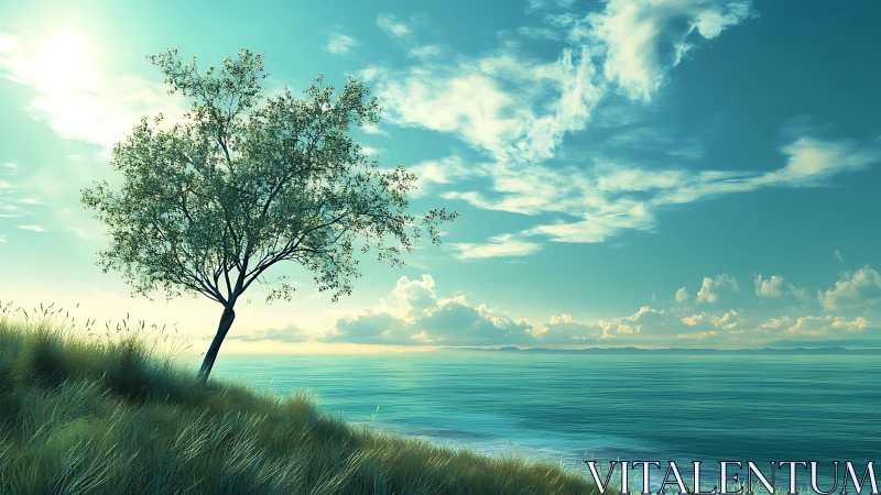 Lone Tree on Grassy Hill Overlooking Tranquil Blue Ocean, Digital Art.