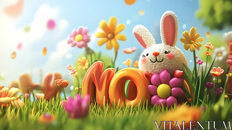 3D plush bunny in spring meadow with colorful floral typography