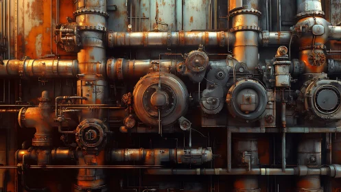 Rustlit clockwork pipes in an industrial brass labyrinth.