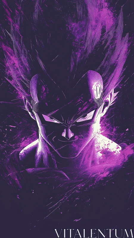 Energetic violet portrait of spiky haired anime warrior figure.