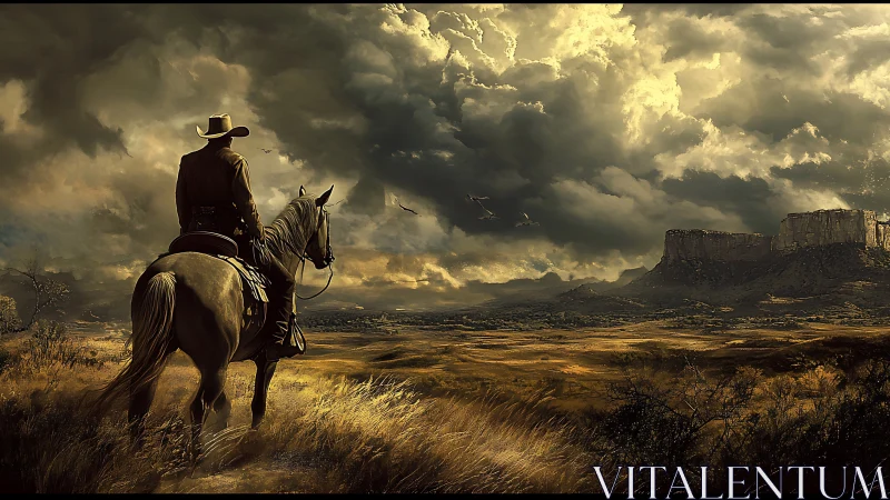 Lone cowboy surveys stormlit mesa under brooding skies.