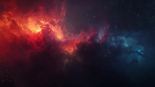 Fiery red nebula ignites against deep blue cosmic silence