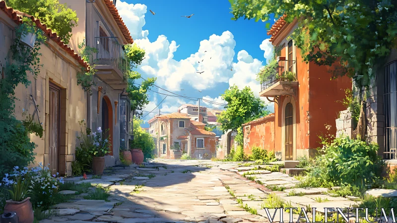 Sunlit Mediterranean lane with rustic homes and lush greenery.