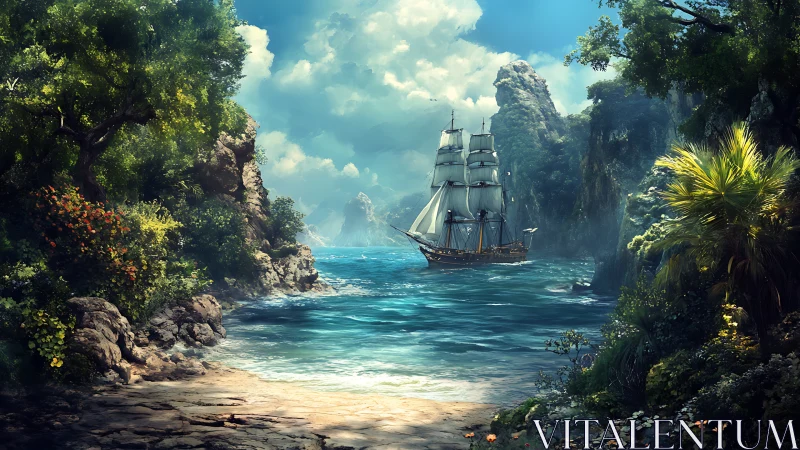 Sailing Ship Anchored in Tropical Paradise Cove