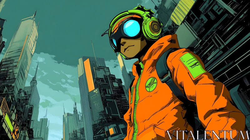 Cyberpunk urban explorer surveys towering neon cityscape