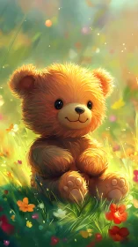Sunlit teddy bear nestled in glowing wildflower meadow.