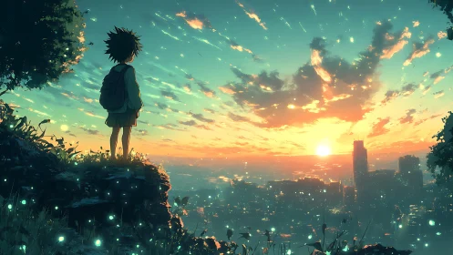 Backlit child on cliff observes luminous city under dynamic sunset