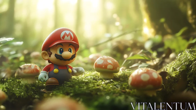 Cartoon plumber figure among mushrooms in forest light.