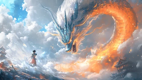 Sky temple duel with blazing celestial dragon spirit.