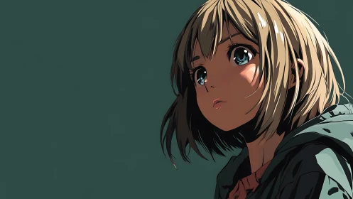 Melancholic anime girl gazes upward against teal void background.