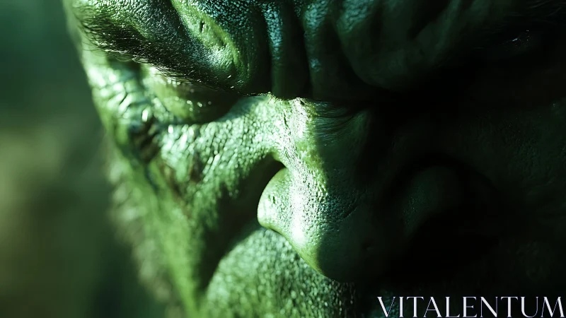 Close-up of green textured humanoid face in shadowed light.