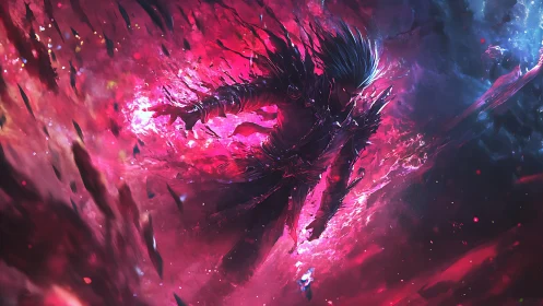 Voidborn warrior erupting through crimson cosmic rift.