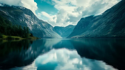 Still water between silent mountains under wandering clouds.