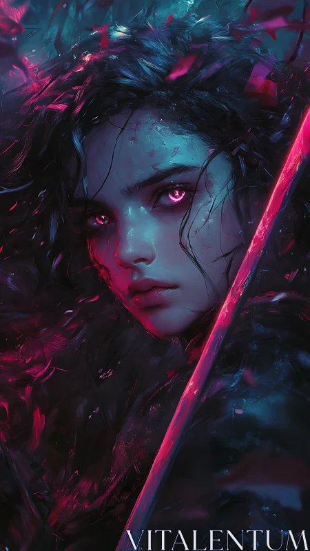 Neon-eyed stormborn warrior bathed in electric dusk light.