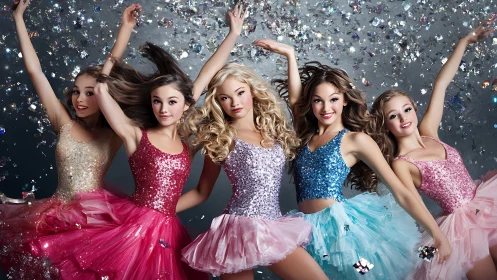 Teen dancers in glitter dresses throwing silver confetti.