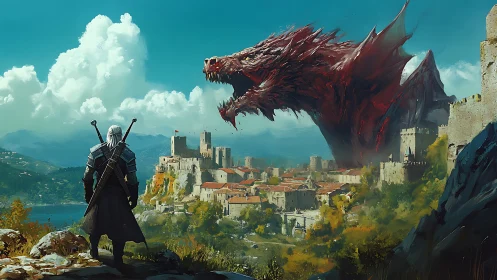 Armored swordsman confronting massive red dragon over city.