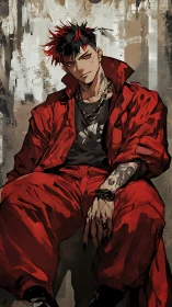 Angular anime portrait of tattooed man in red jumpsuit with gritty textures