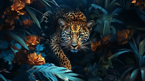 Leopard Portrait in Nocturnal Jungle Setting with Blue and Gold Illumination.