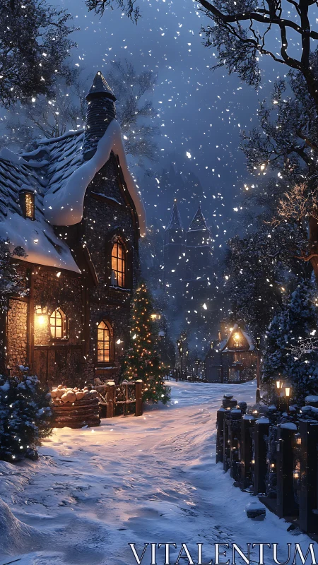 Snowy village lane glows under warm cottage lamplight