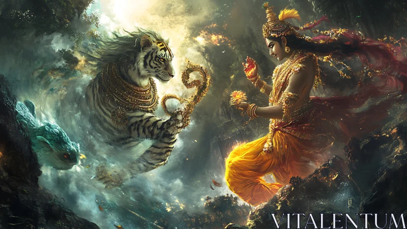Divine warrior faces jeweled tiger in swirling cosmic storm.