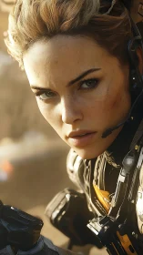 Battle-ready sci-fi heroine in sunlit tactical exosuit.