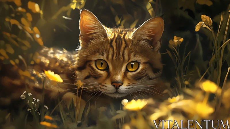 Tabby cat among yellow flowers with directional golden light