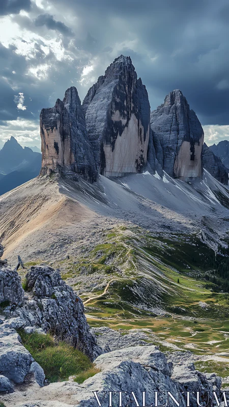 Dolomite tri-peak massif under storm-loaded stratiform sky.