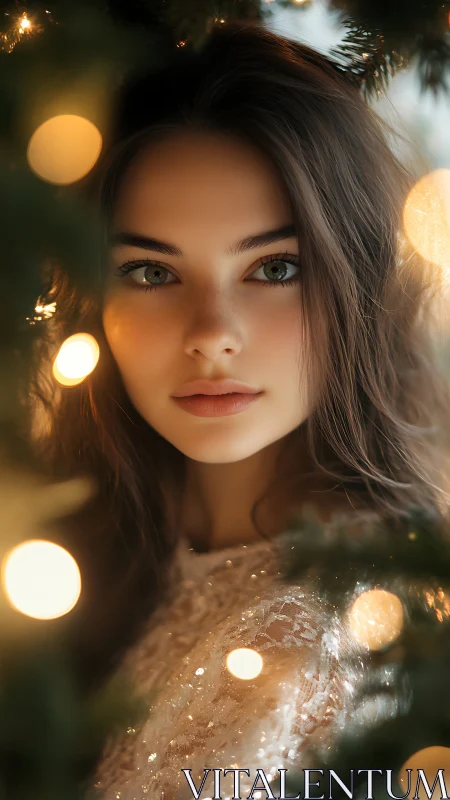 Photorealistic portrait in bokeh-lit evergreen framing study.