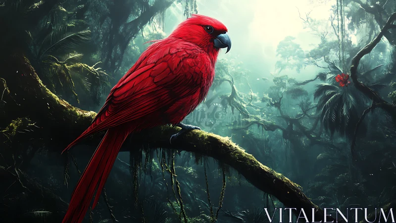 Red parrot on mossy branch in dense rainforest environment.