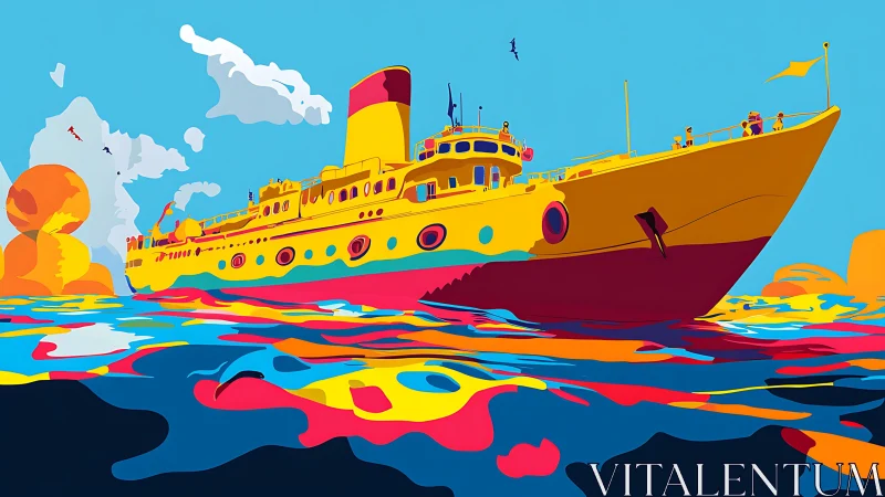 Sunlit yellow cruise ship gliding through painted waves.