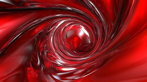 Red metallic vortex curls around central reflective sphere