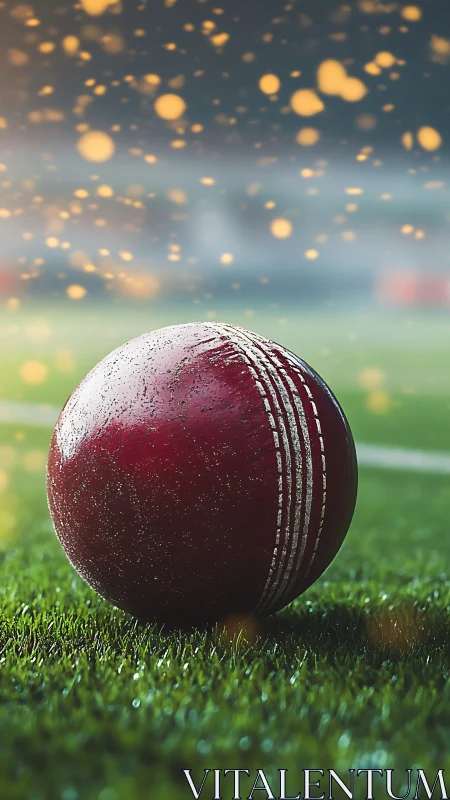 Cricket ball on grass under stadium bokeh lights.