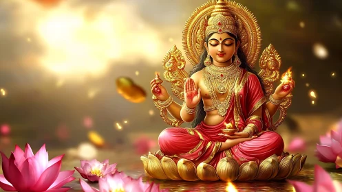 Seated four-armed deity on lotus with ornate golden halo.