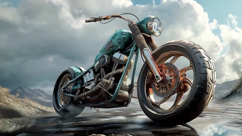 Custom teal chopper stands bold against stormy mountain sky.