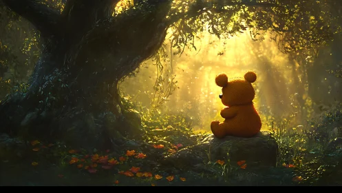 Cozy teddy bear daydreaming in a sunlit forest glade.