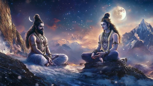 Divine sages meditate in moonlit Himalayan serenity