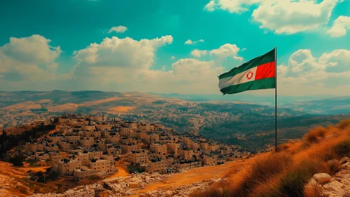 Vibrant hillside cityscape unfolds beneath a bold flag.