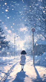 Solitary girl walking through luminous winter snowfall.