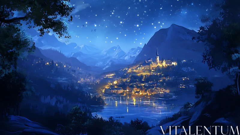 Mountain lake town glows under dense starry blue night sky