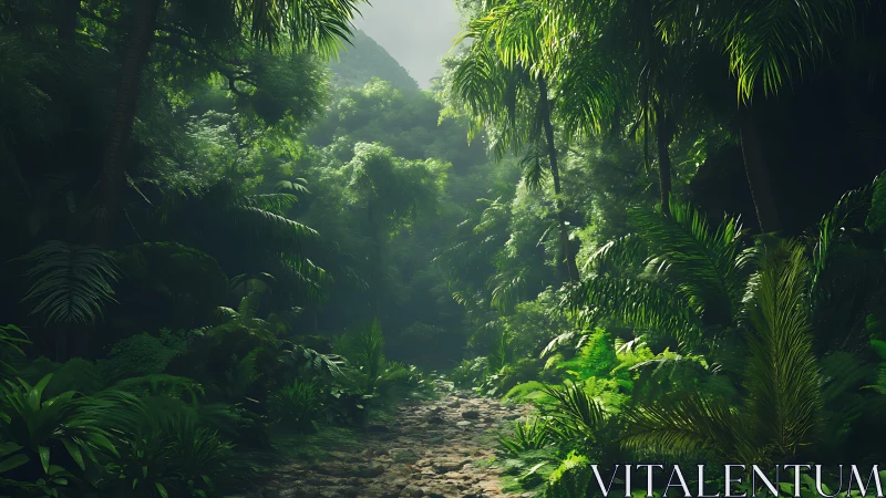 Dense tropical forest path with layered canopy and filtered light.
