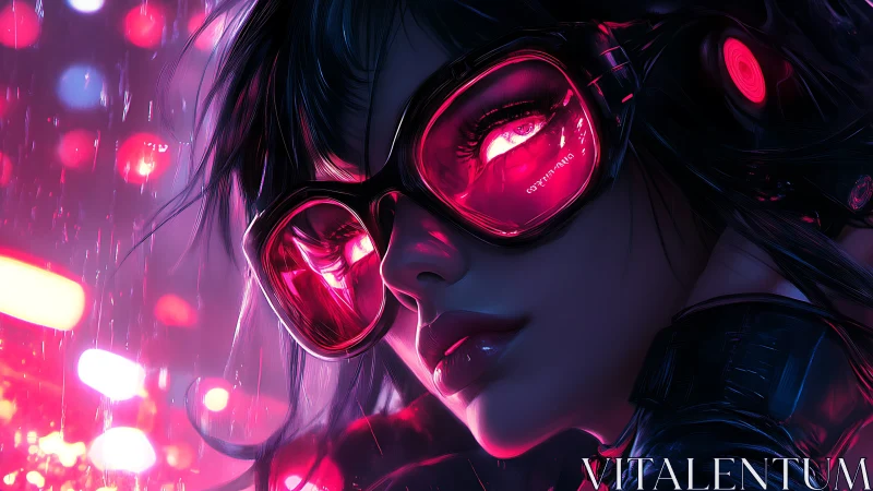 Cyberpunk heroine studies neon city through crimson visor.