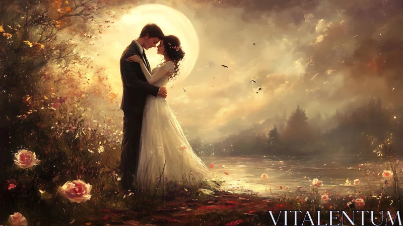 Bride and Groom Embrace Beneath Golden Harvest Moon