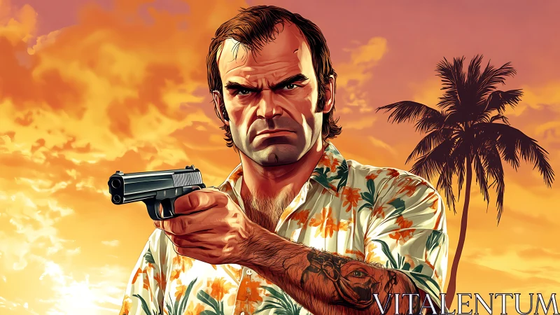 Armed man in floral shirt against tropical sunset sky.