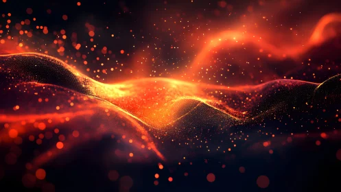 Abstract glowing waves of light with floating particles, digital art.