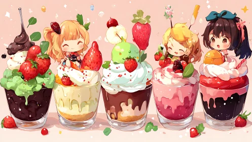 Chibi dessert avatars embedded in multicolor parfait glasses.
