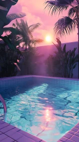 Neon dusk poolscape under tropical palms at sunset.