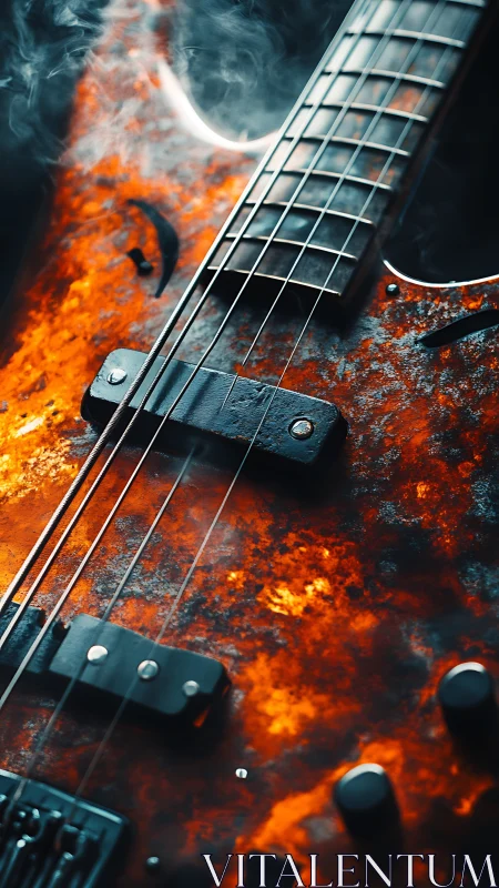 Electric guitar glows with molten textures and rising smoke