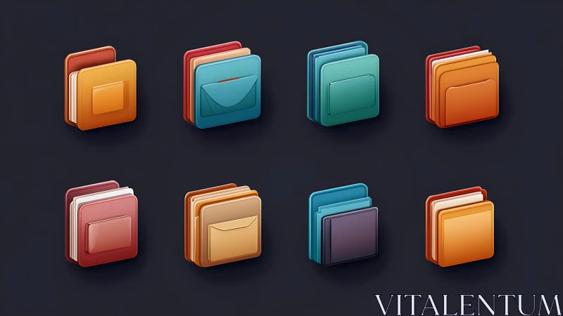 Isometric multicolor file folder icon grid with layered depth.